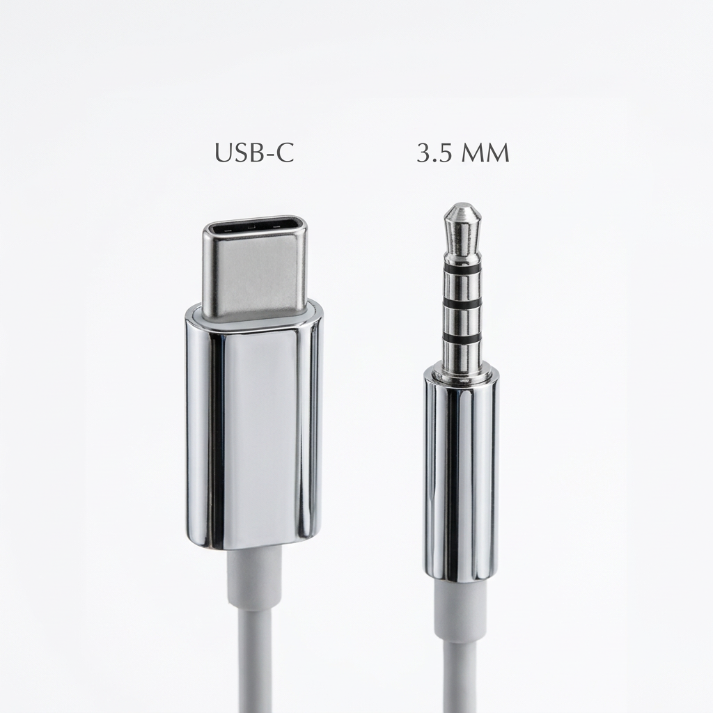 Close-up comparison of the chrome USB-C plug and the chrome 3.5mm plug, each labeled